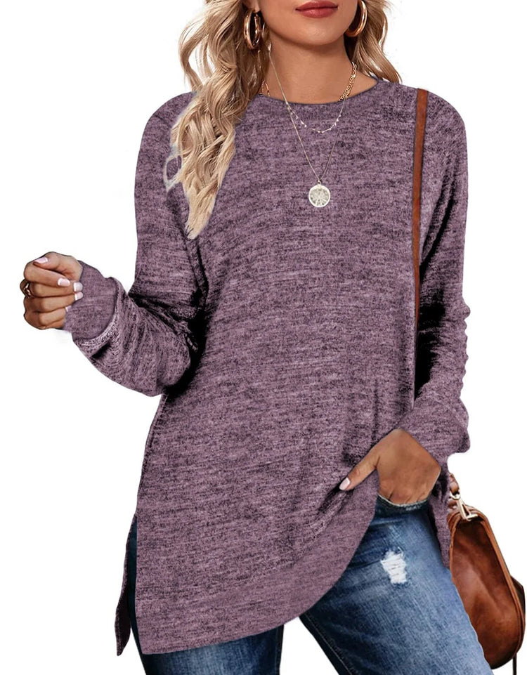 Sweatshirt for Women Long Sleeve Shirts Tunic Tops Color Block Crewneck Sweatshirts Side Split