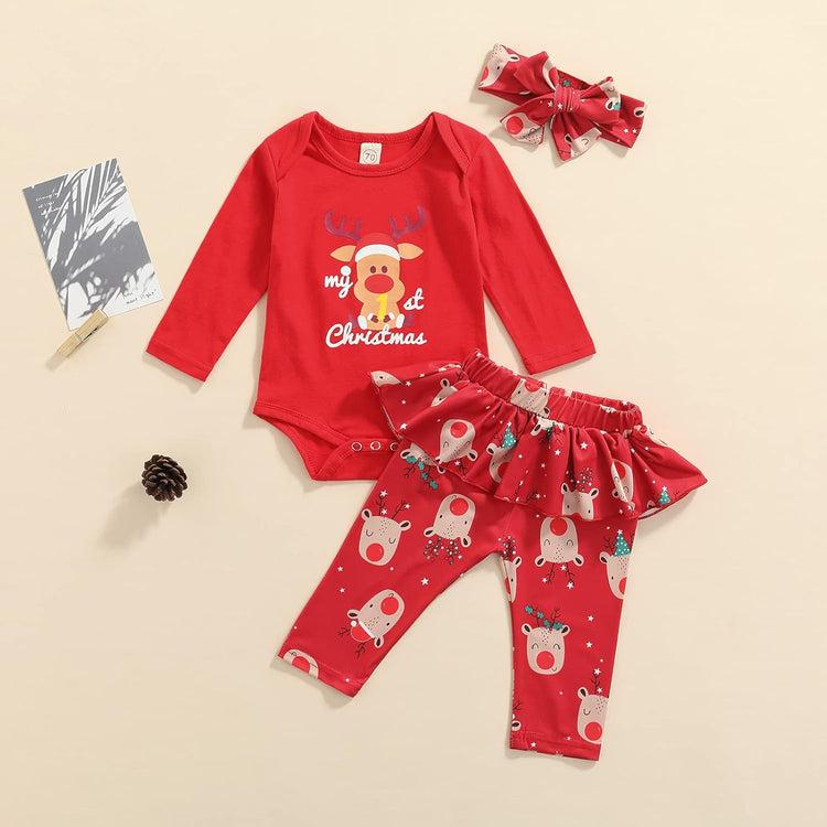 My First Christmas Toddler Baby Girl Boy Clothes Xmas Deer Outfit Striped Top T-Shirt Pant Trousers Girl Clothes Winter (My 1St Christmas, 3-6 Months)