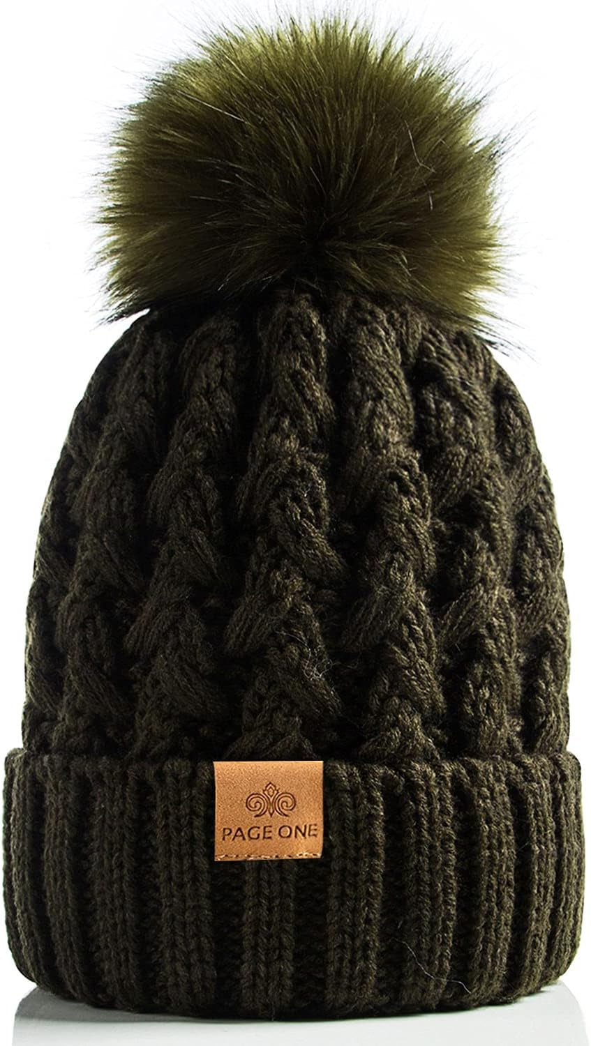 Womens Winter Ribbed Beanie Crossed Cap Chunky Cable Knit Pompom Soft Warm Hat