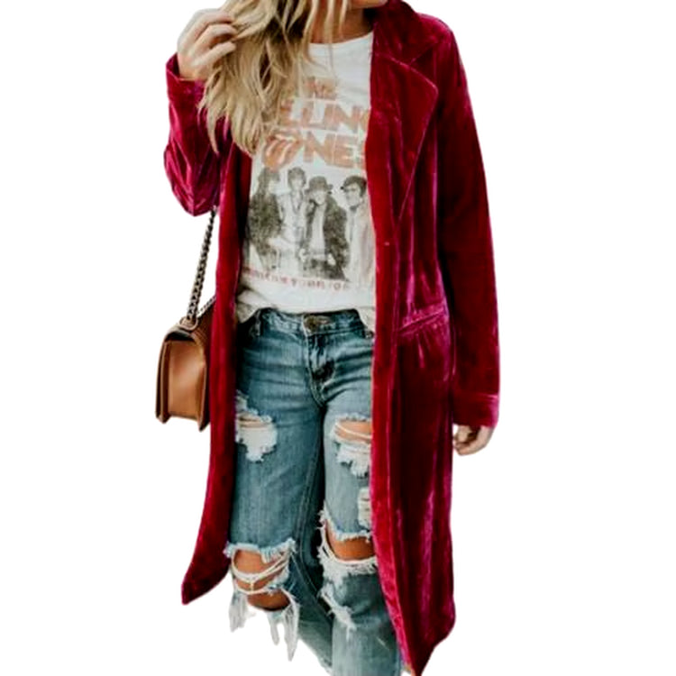 Autumn Winter Women Solid Color Long Sleeve Coat Silk Pockets Midi Jacket Women&