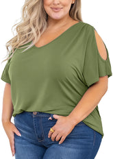 plus Size Tunic for Women Cold Shoulder Top Dark Green 2X Blouse Short Sleeve Clothing V Neck Shirts Summer Clothes