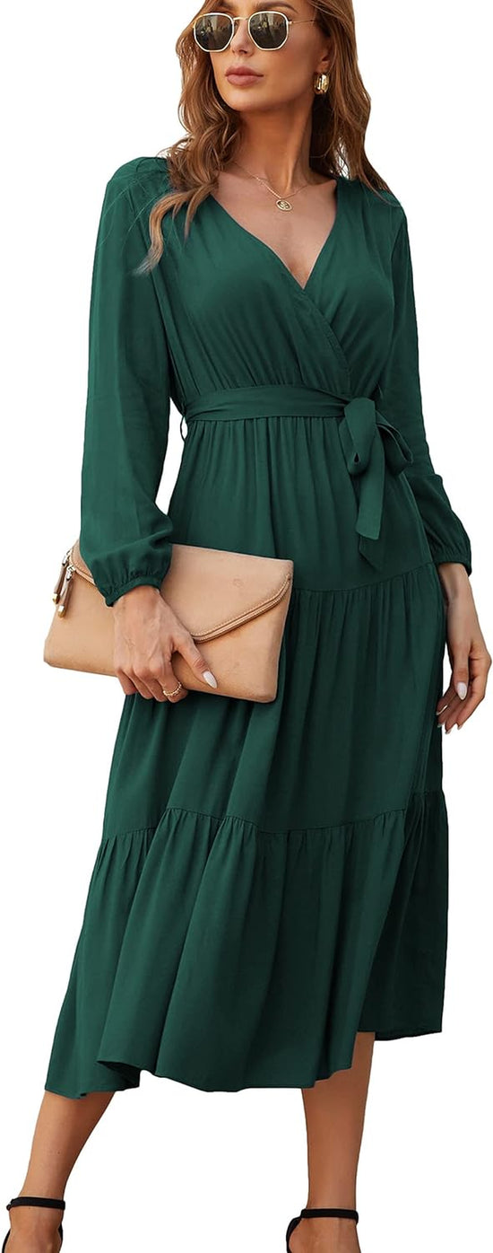 Womens V Neck Long Sleeve Casual a Line Tiered Fall Vintage Party Midi Long Maxi Dress with Belt