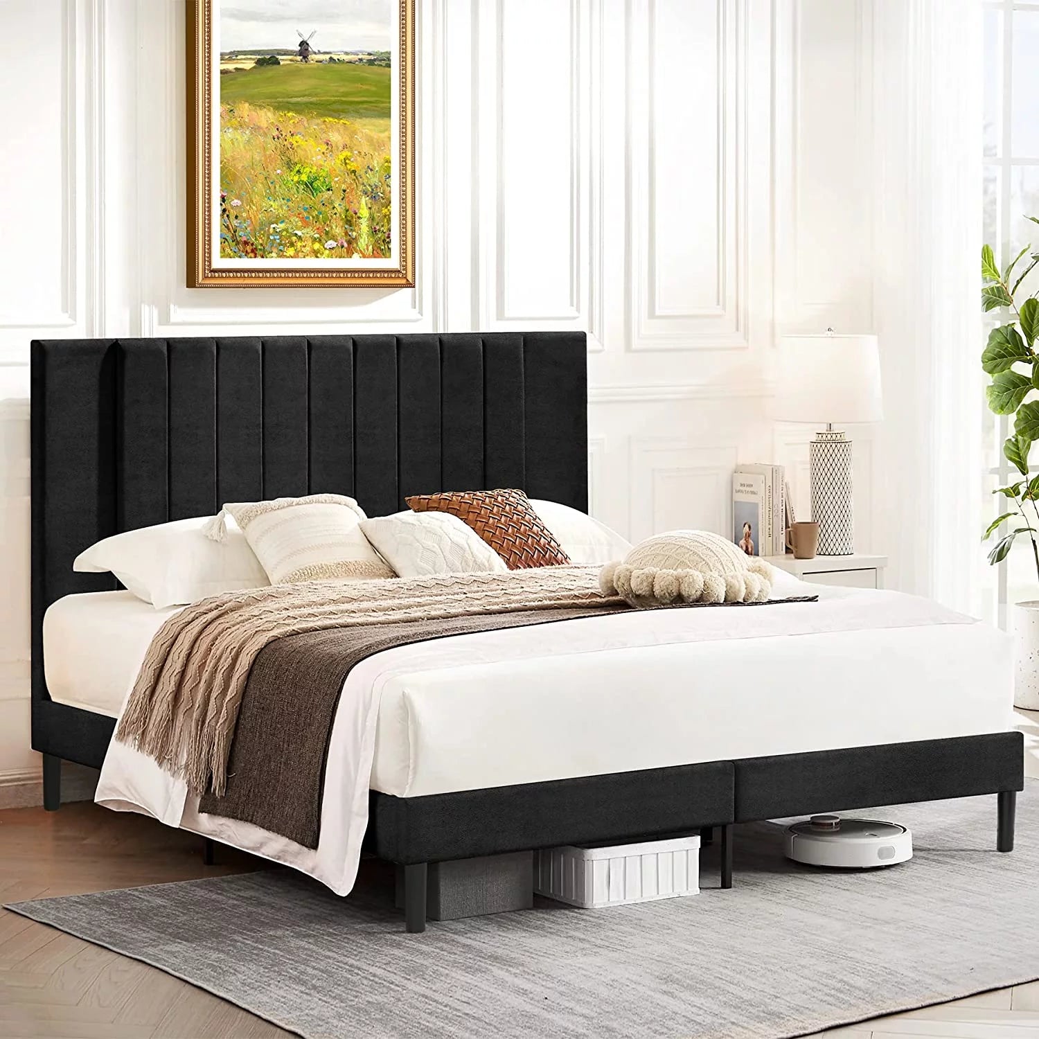 Queen Bed Frame Upholstered Bed Frame with Vertical Channel Tufted Complete High Headboard, Black.