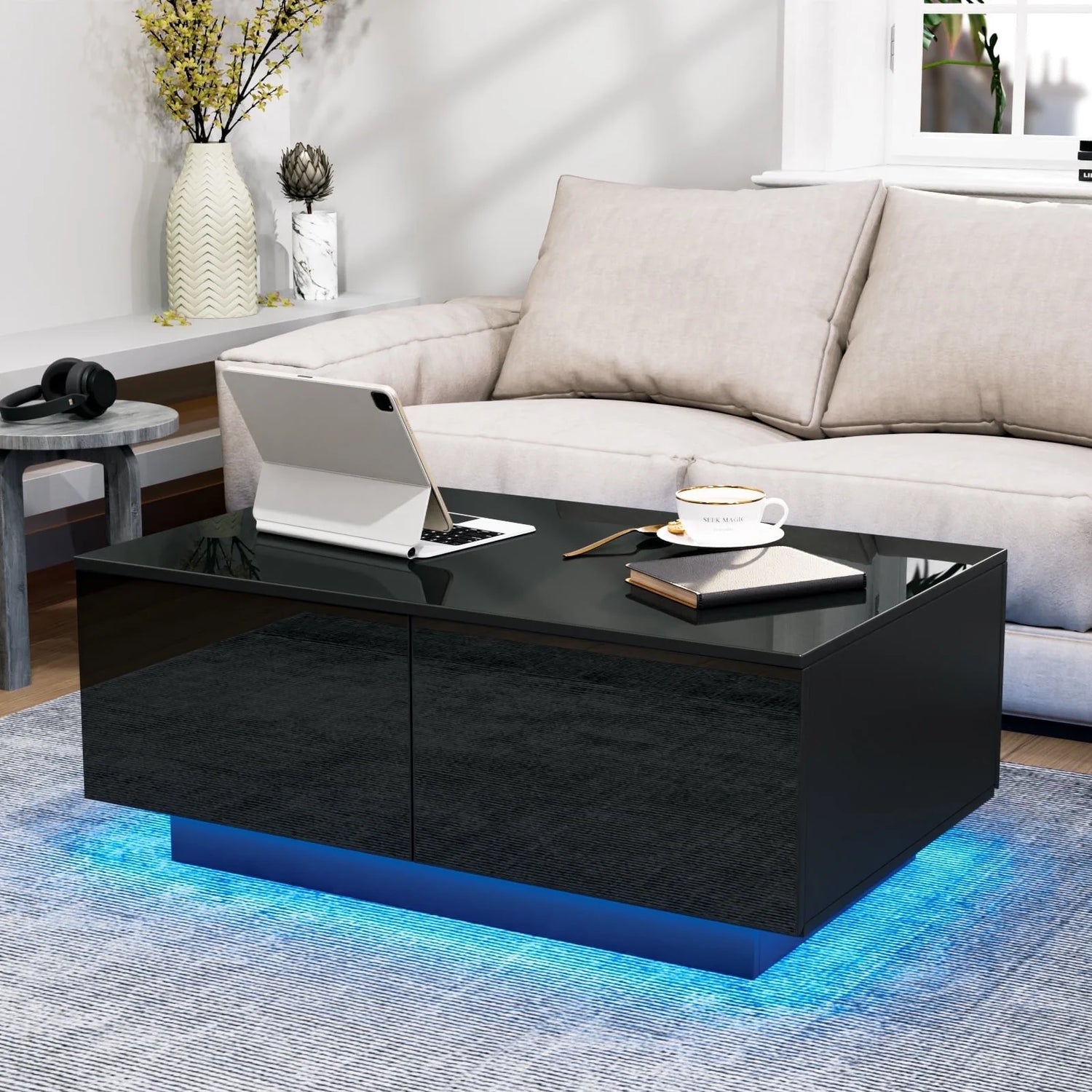 LED Coffee Table with 4 Drawers Center Cocktail Side Table Black High Gloss Finish.