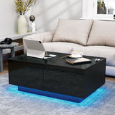 LED Coffee Table with 4 Drawers Center Cocktail Side Table Black High Gloss Finish.