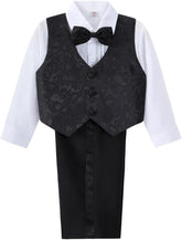 Boys Classic Fit Tuxedo Suit 5 Pieces Set Formal Wear Wedding Outfit with Vest, Black/White 011