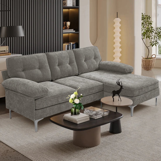 Convertible Sectional Sofa Couch, L-Shaped Couch with Reversible Chaise Lounge, Chenille Fabric Modern Sofa for Living Room, Apartment, Office, 3 Seats, Gray.