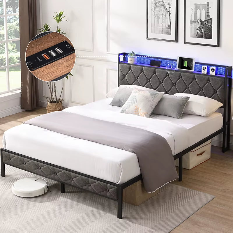 King Bed Frame with Storage Headboard, Charging Station and LED Lights, Upholstered Platform Bed with Metal Slats, Noise Free