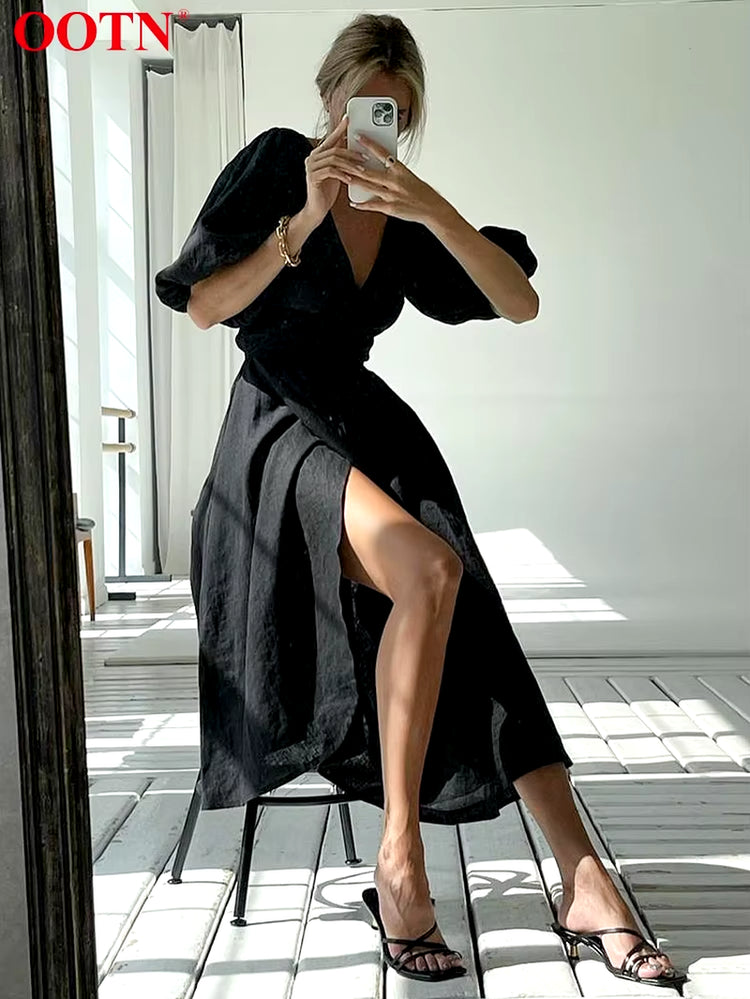 V Neck Slim Long Wrap Dress Women Elegant Short Puff Sleeve A-Lin Dresses Black Robe High Waist Sexy Midi Dress 2024 Chic