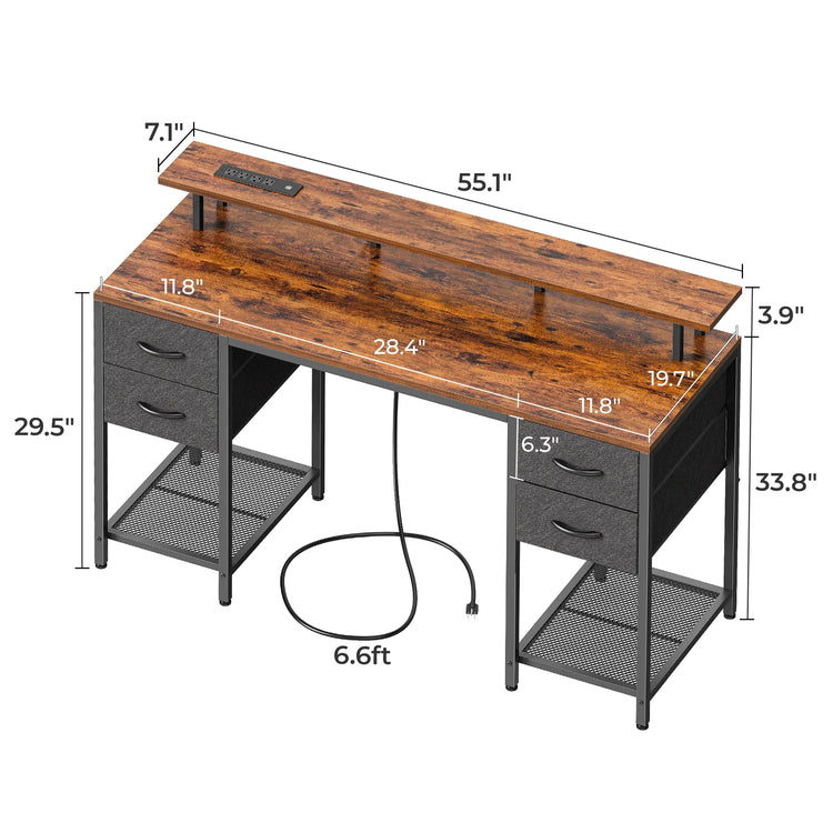 55.1" LED Gaming Desk with Drawers, Computer Desk with Outlets, Office Desk with 4 Drawers, Corner Desk, Writing Desk in Brown