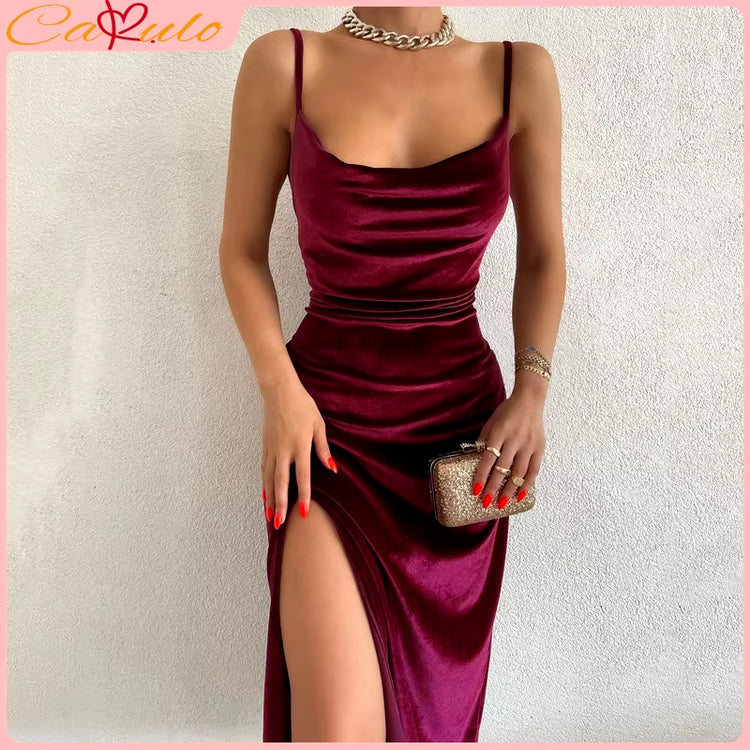 Women 2024 Autumn Winter Elegant Party Club Evening Velvet Streetwear Bodycon Midi Dress Wholesale Items for Business