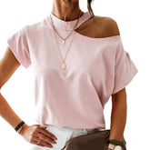 Hot Women Casual T-Shirt Short Sleeve One Shoulder Mock Neck Halter Loose Top Shoulder Mock Neck Halter Loose Tshirts Top