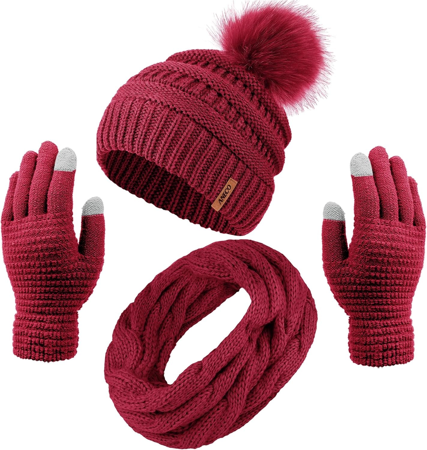 Womens Winter Warm Sets Knitted Fur Pompoms Beanie Hat Circle Loop Scarf Touch Screen Gloves Winter Favor Accessories