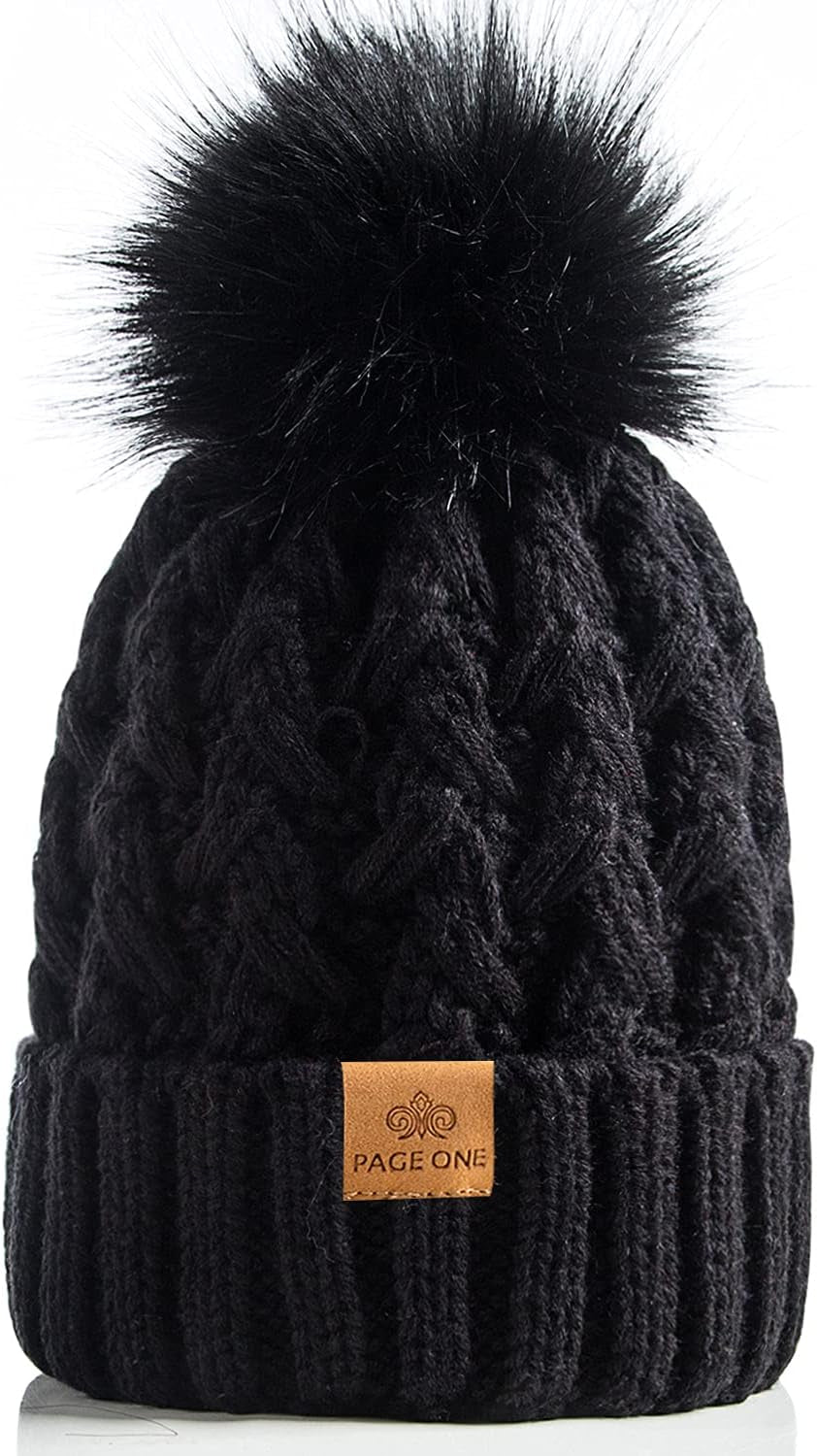 Womens Winter Ribbed Beanie Crossed Cap Chunky Cable Knit Pompom Soft Warm Hat