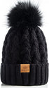 Womens Winter Ribbed Beanie Crossed Cap Chunky Cable Knit Pompom Soft Warm Hat