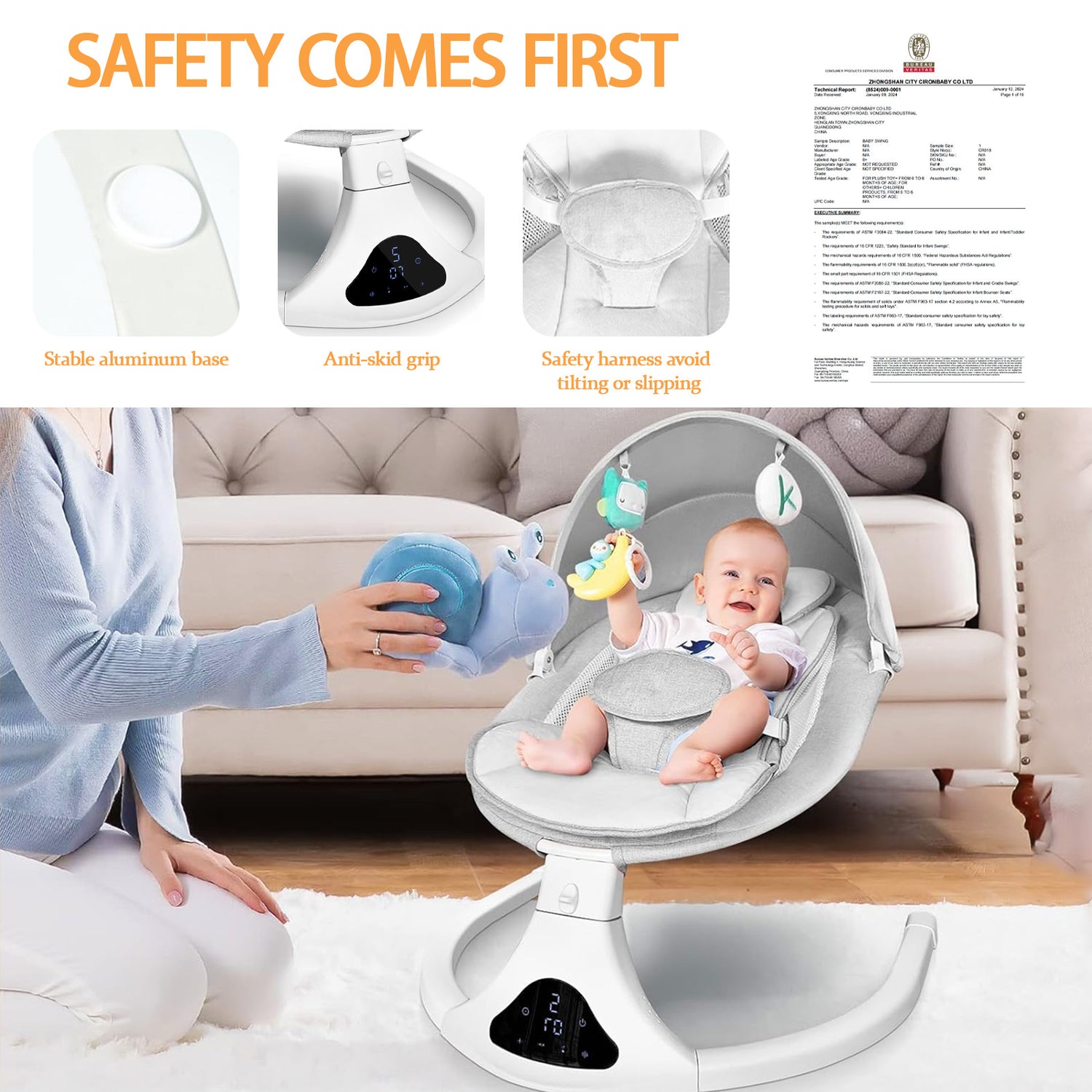 Baby Swing,  Baby Swings for Infants Electirc Baby Rocker Bouncer with Remote Control and Music, Gray.