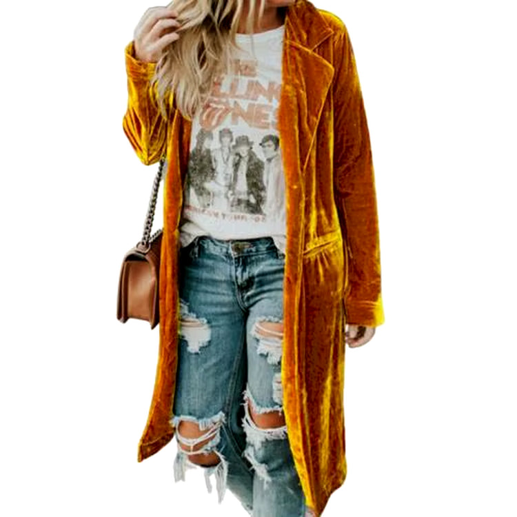 Autumn Winter Women Solid Color Long Sleeve Coat Silk Pockets Midi Jacket Women&