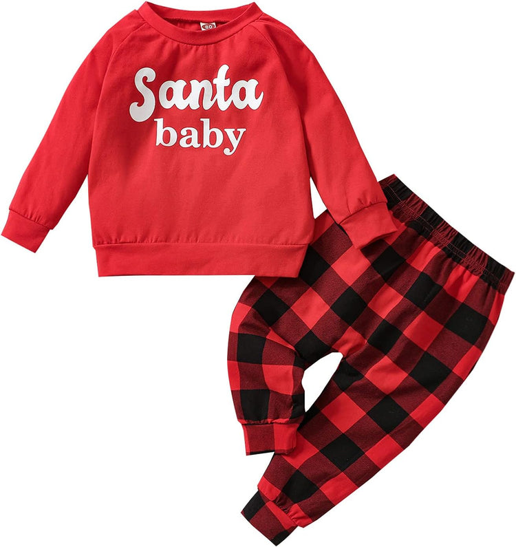 Baby Girls Christmas Outfit Infant Toddlers Girl Long Sleeve Santa Print Sweatshirt Plaid Pants Clothes Set (Red & Black Plaid, 18-24 Months)