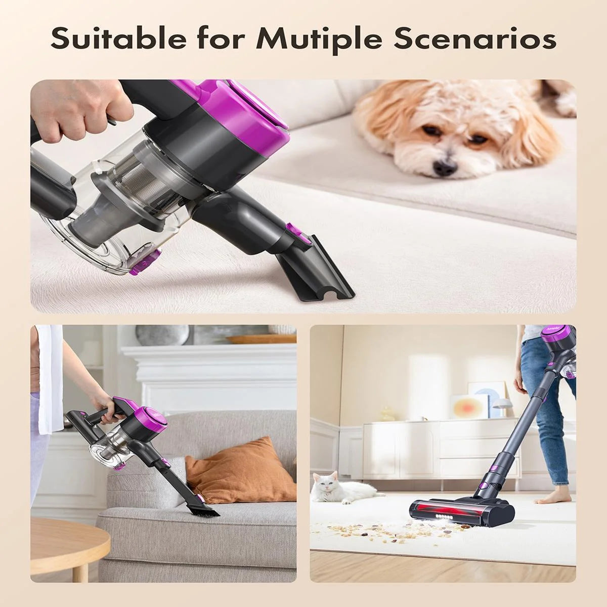 Cordless Vacuum Cleaner, 300W 23Kpa Powerful Suction Vacuum with LED Display, 3 Suction, 48Mins Runtime, Lightweight Stick Cleaner with Sofa Brush for Hard Floor/Carpet/Pet Hair/Car, Black.