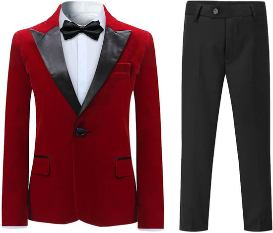 Boys Tuxedo Suit Velvet Peak Lapel Vintage 2 Pieces Slim Fit Jacket Pants Suit Set Prom Party