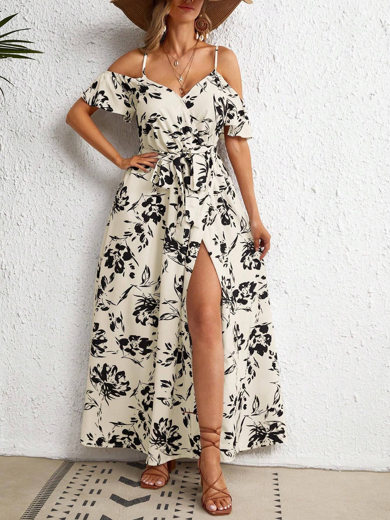 VCAY Summer Woman Floral Print Cold Shoulder Wrap Hem Belted Dress