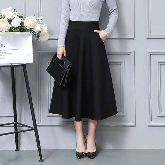 New High Waist Pleated Elegant Skirt +Pockets Wine Red Black Solid Color Long Skirts Women Faldas Saia Size M-XXL Ladies Jupe