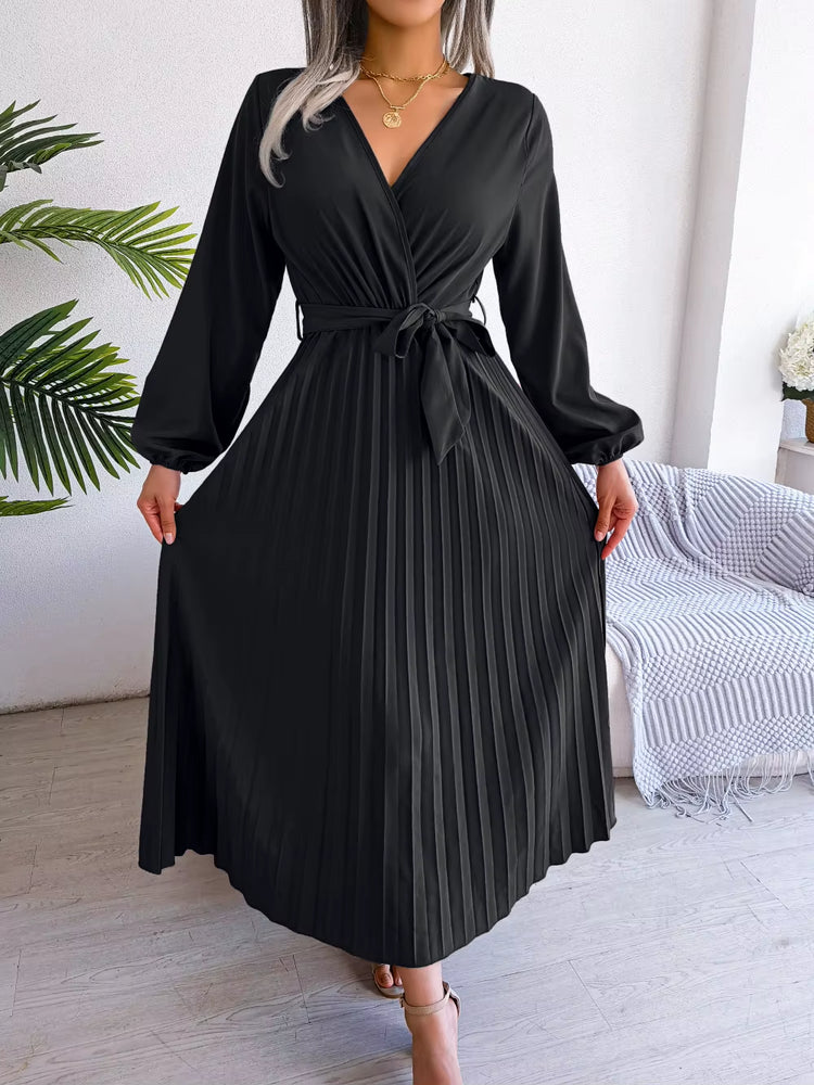 Women Spring Summer Cross Solid Color V Neck Large Hem Pleated Long Dress for Fashion