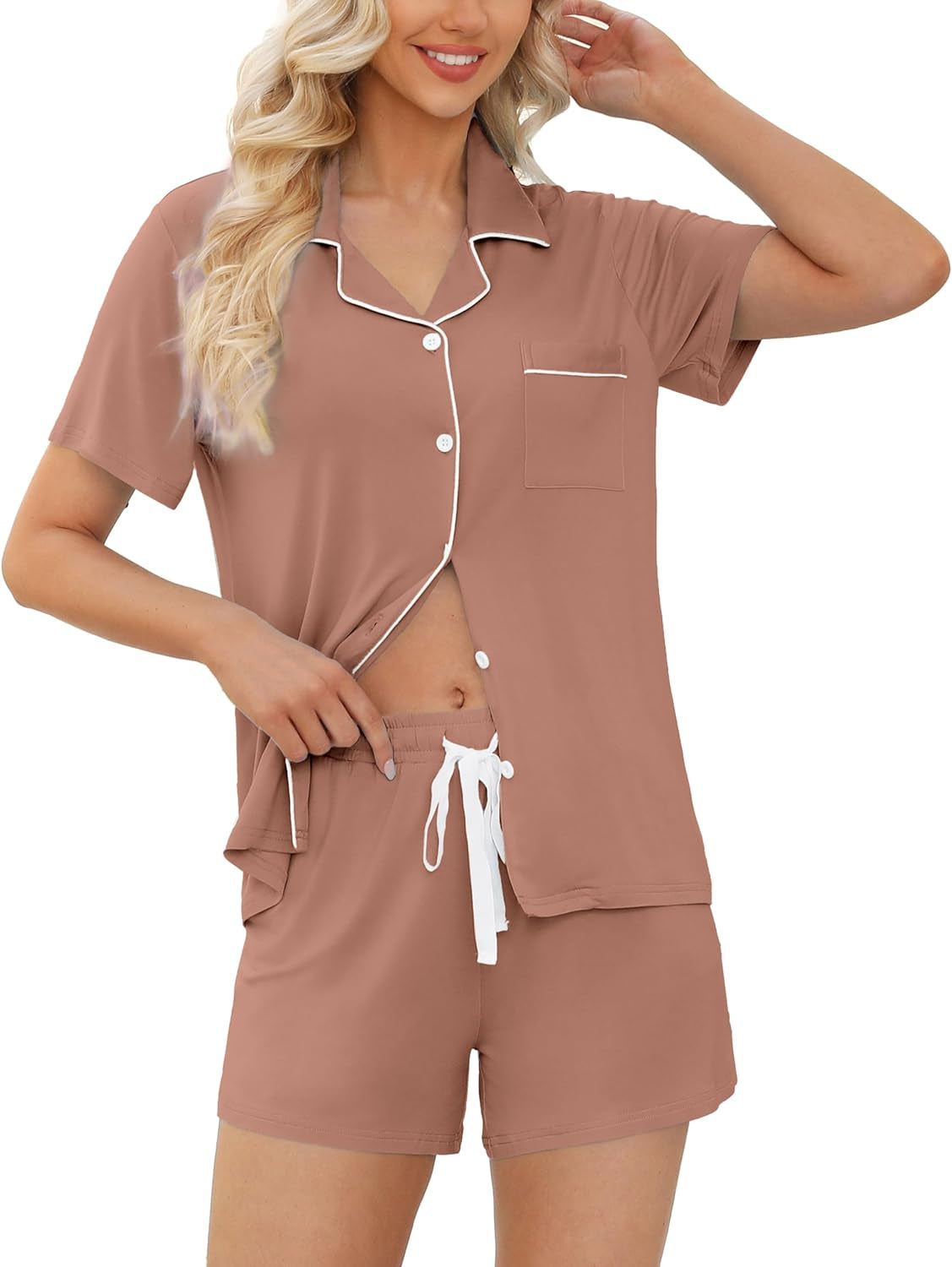 Womens Pajamas Set Short Sleeve Sleepwear Button down Nightwear Shorts Soft Pj Sets S-XXL