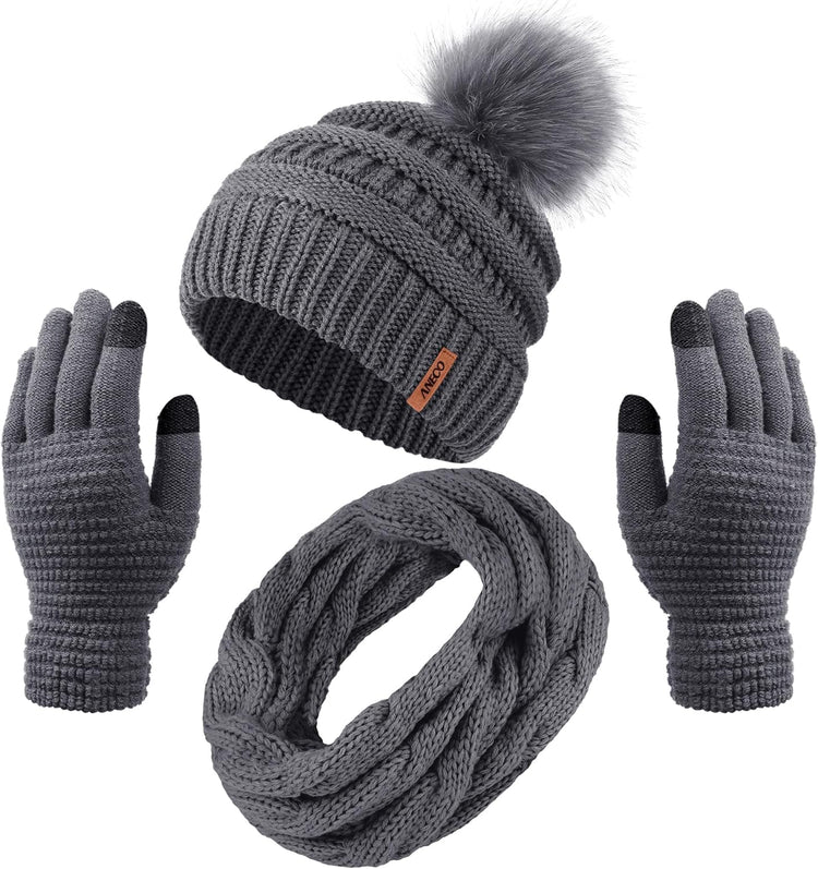 Womens Winter Warm Sets Knitted Fur Pompoms Beanie Hat Circle Loop Scarf Touch Screen Gloves Winter Favor Accessories