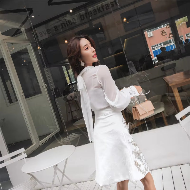 Runway Designer Spring Skirt Suits Chiffon Stand Collar White Bow Shirt Women Suits + Vintage Embroidery Diamonds a Line Suits