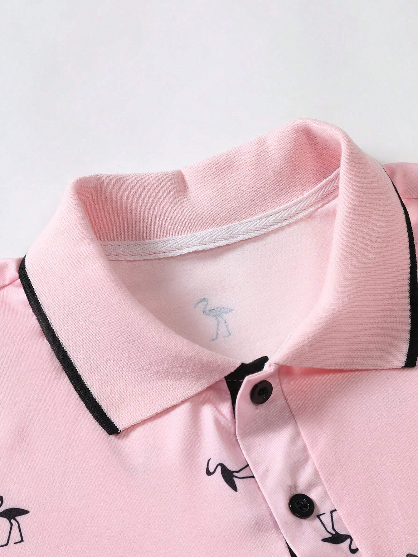 Manfinity Homme Men Tropical Print Contrast Trim Polo Shirt , Button up Collar Light Pink Polo Shirt , Work Business Casual Boyfriend Gift