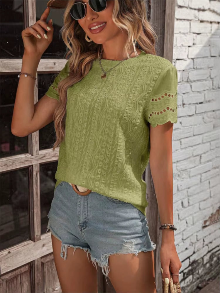 Women Solid Casual T-Shirt 2024 Summer Street Hollow Out Simple Loose Pullover Tops O-Neck Short Sleeve Blouse