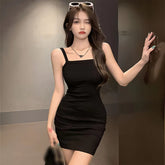 Short Style Suspender Dress Women Summer Thin Retro Sling Dress Solid Colour Hip Wrap Waist-Slimming Dress Casual Sexy Versatile