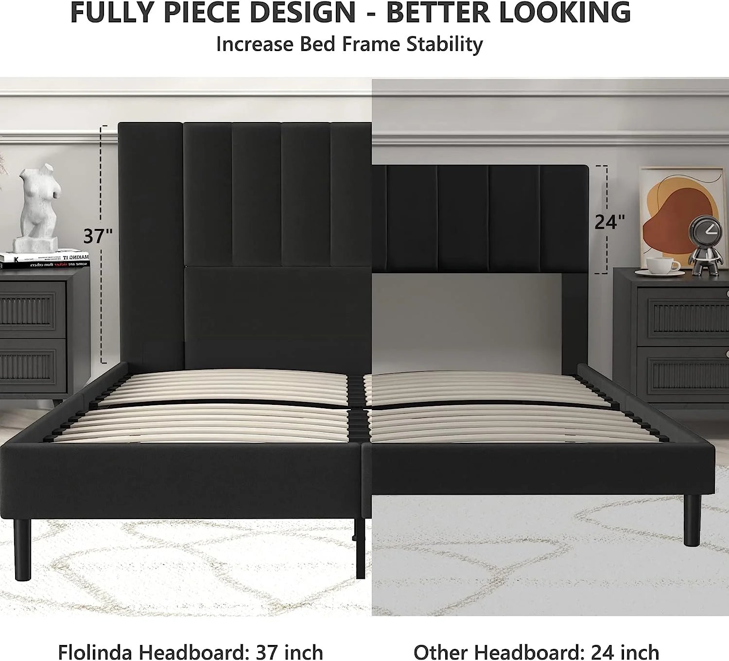 Queen Bed Frame Upholstered Bed Frame with Vertical Channel Tufted Complete High Headboard, Black.