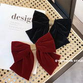 Winter Red Velvet Chain Big Bow Barrette for Woman Girls Back Head Headdress Korean Top Clip Hairpin Bridal Hair Accessories