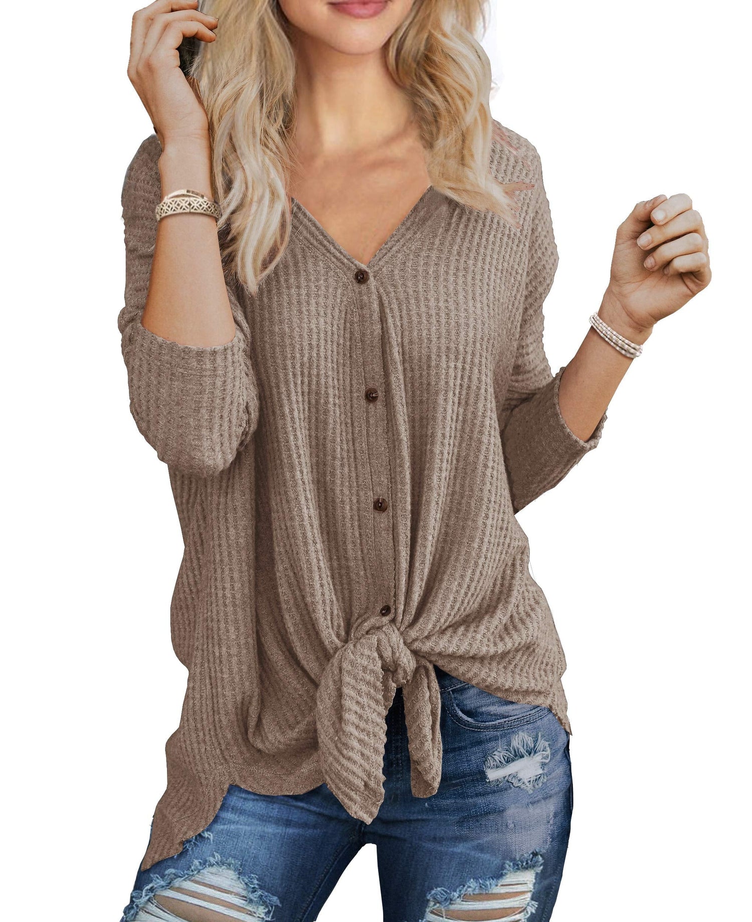 Womens Loose Blouse Long Sleeve V Neck Button down T Shirts Tie Front Knot Casual Tops Oatmea M