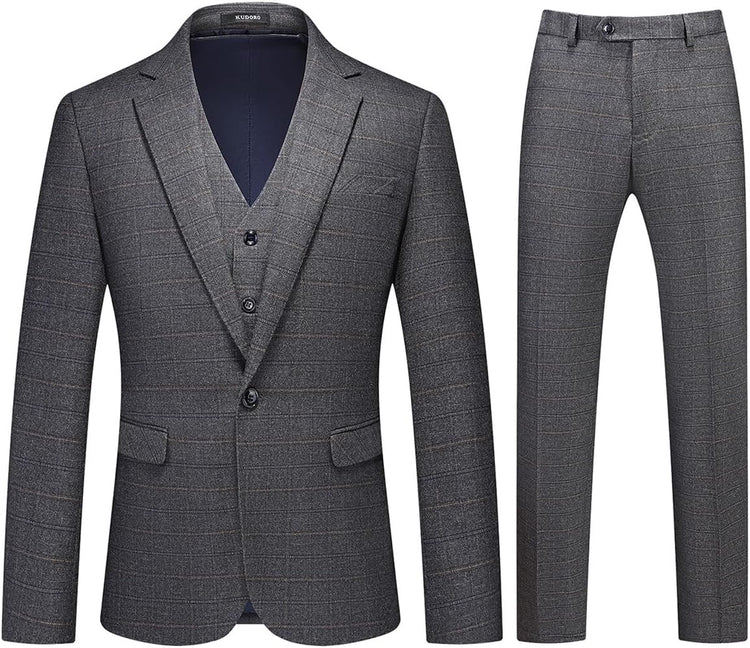 Mens 3 Piece Suits Slim Fit Tweed Suit Plaid Slim Fit Suits for Men One Button Suit Tuxedo Set