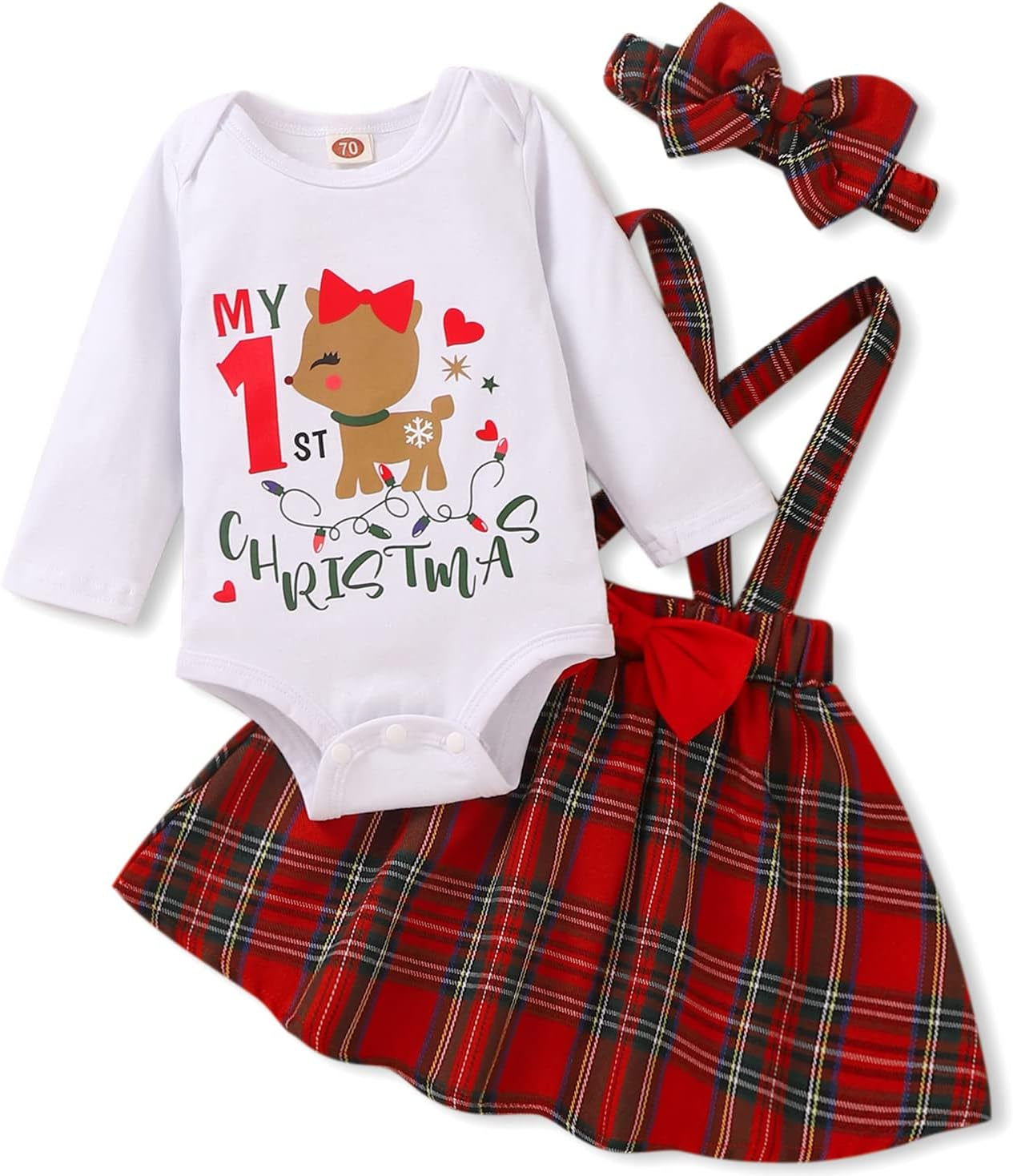 Newborn Baby Girl Christmas Outfits My 1St Christmas Romper+Suspender Skirt +Headband Overall Clothes Set