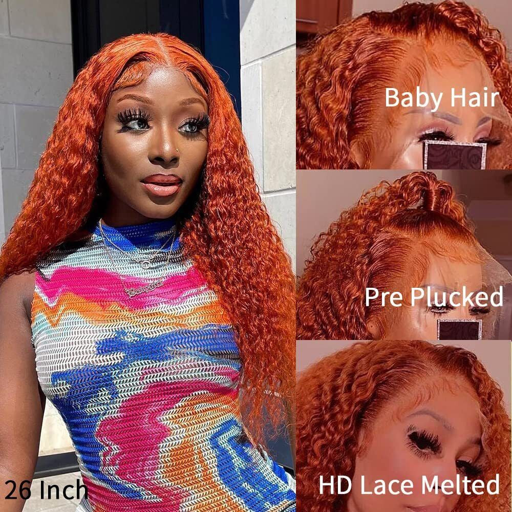 Ginger Orange Deep Wave Wigs Human Hair Colored 13X4 HD Curly Lace Frontal Wig.