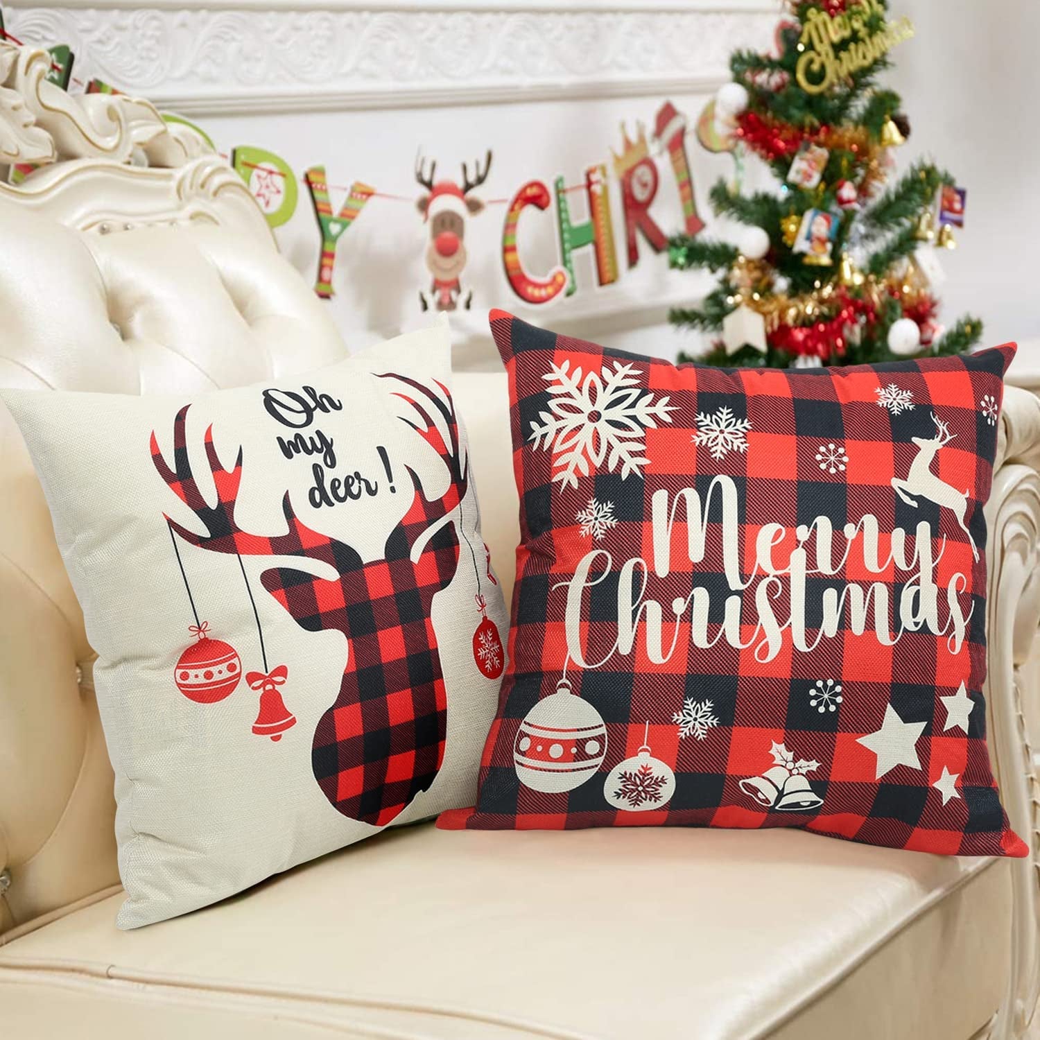 Christmas Pillow Covers 18X18 Set of 4 Christmas Pillows Decorative Throw Pillows Covers Farmhouse Red Buffalo Plaid Pillow Covers for Couch Sofa Christmas Decorations Holiday Pillow Cases