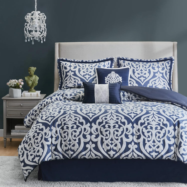 Tesla Cozy Comforter Set Jacquard Damask Medallion Design - All Season down Alternative Bedding, Shams, Bedskirt, Decorative Pillows, Queen, Silver 6 Piece