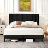 Queen Bed Frame Upholstered Bed Frame with Vertical Channel Tufted Complete High Headboard, Black.