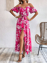 VCAY Summer Woman Floral Print Cold Shoulder Wrap Hem Belted Dress