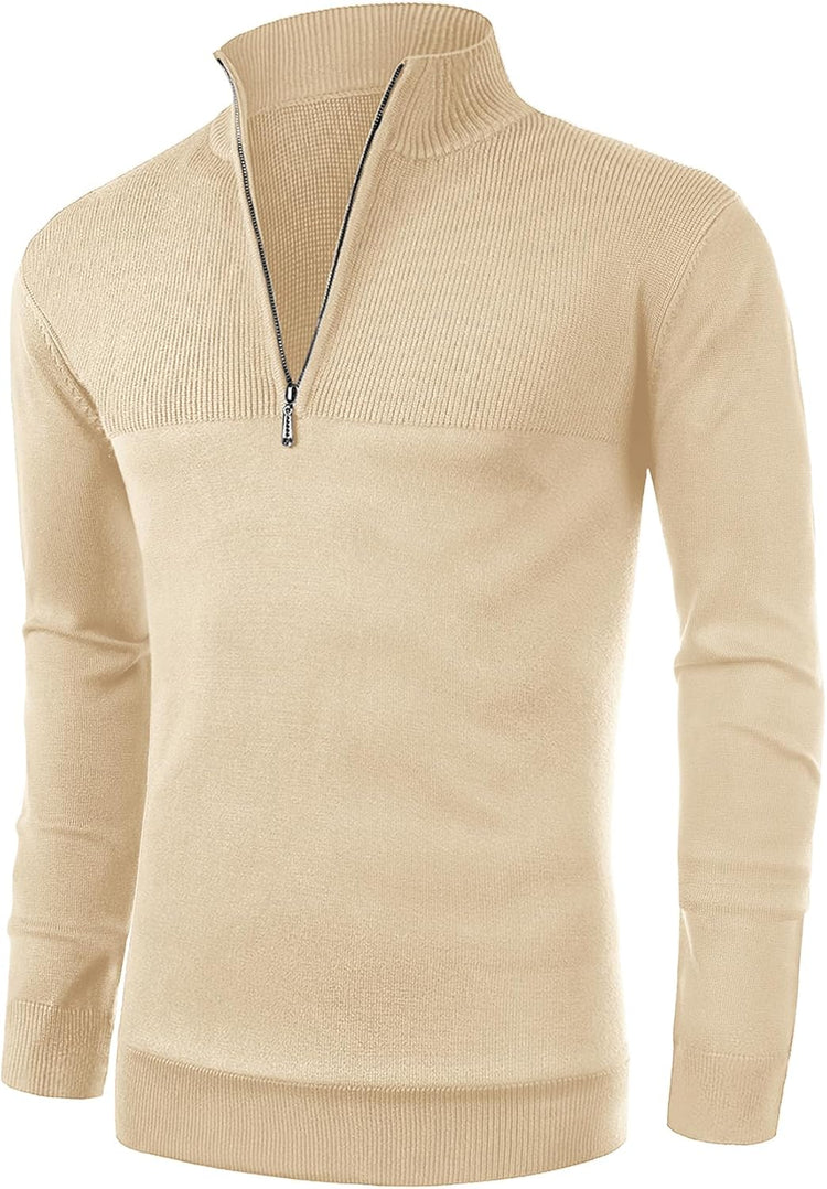 Mens Slim Fit Zip up Mock Neck Polo Sweater Casual Long Sleeve Sweater and Pullover Sweaters with Ribbing Edge