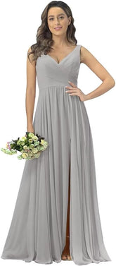 V Neck Bridesmaid Dresses for Wedding Prom Dresses with Slit Evening Party Dress Silver Grey Size 12