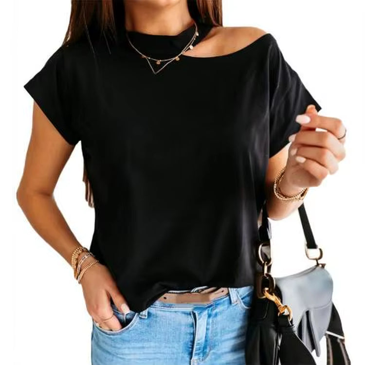 Hot Women Casual T-Shirt Short Sleeve One Shoulder Mock Neck Halter Loose Top Shoulder Mock Neck Halter Loose Tshirts Top