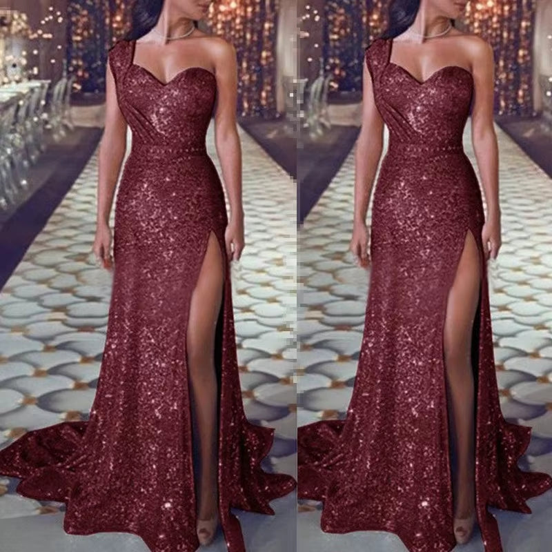 Wedding Party Dress Female Evening Elegant Sexy Deep V Neck One Shoulder Sleeveless Sequined Long Maxi Dresses for Women 2023