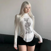 Goth Sexy Lace Mesh See through T-Shirts Aesthetic Graphic Long Sleeve Colorful Printed Crop Tops Women Summer Tees Streetwear