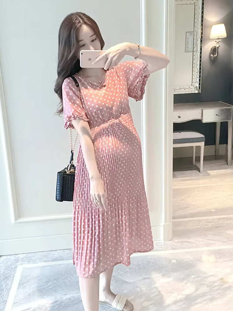 2024 Summer Maternity Dress Stand Collar Cheongsam Cute Puff Sleeve Print Pregnancy Dresses Fashion Clothes for Pregnant Women