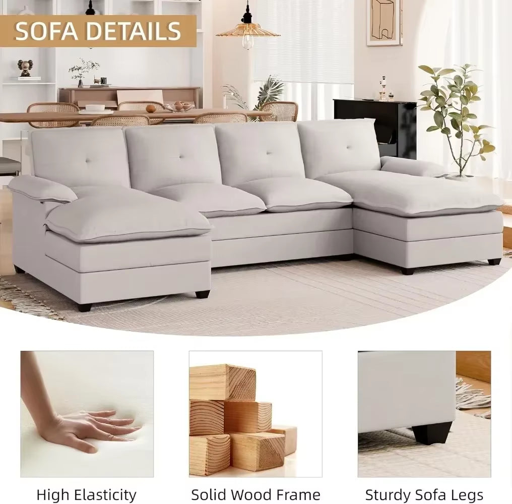 Sectional Couches for Living Room, U-Shaped Couch 4 Seat Sofa Set with Double Chaises, Modern Fabric Modular Sectional